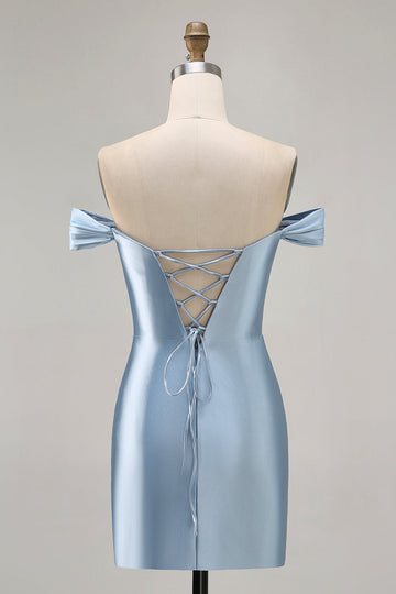 Gråblå Off The Shoulder Satin Rynkad Bodycon Homecoming Klänning med Slits